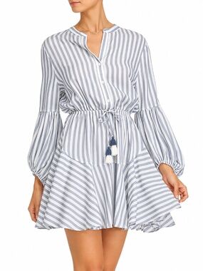 Aakaa Blue White Striped Tassel Tie Waist Mini Dress S